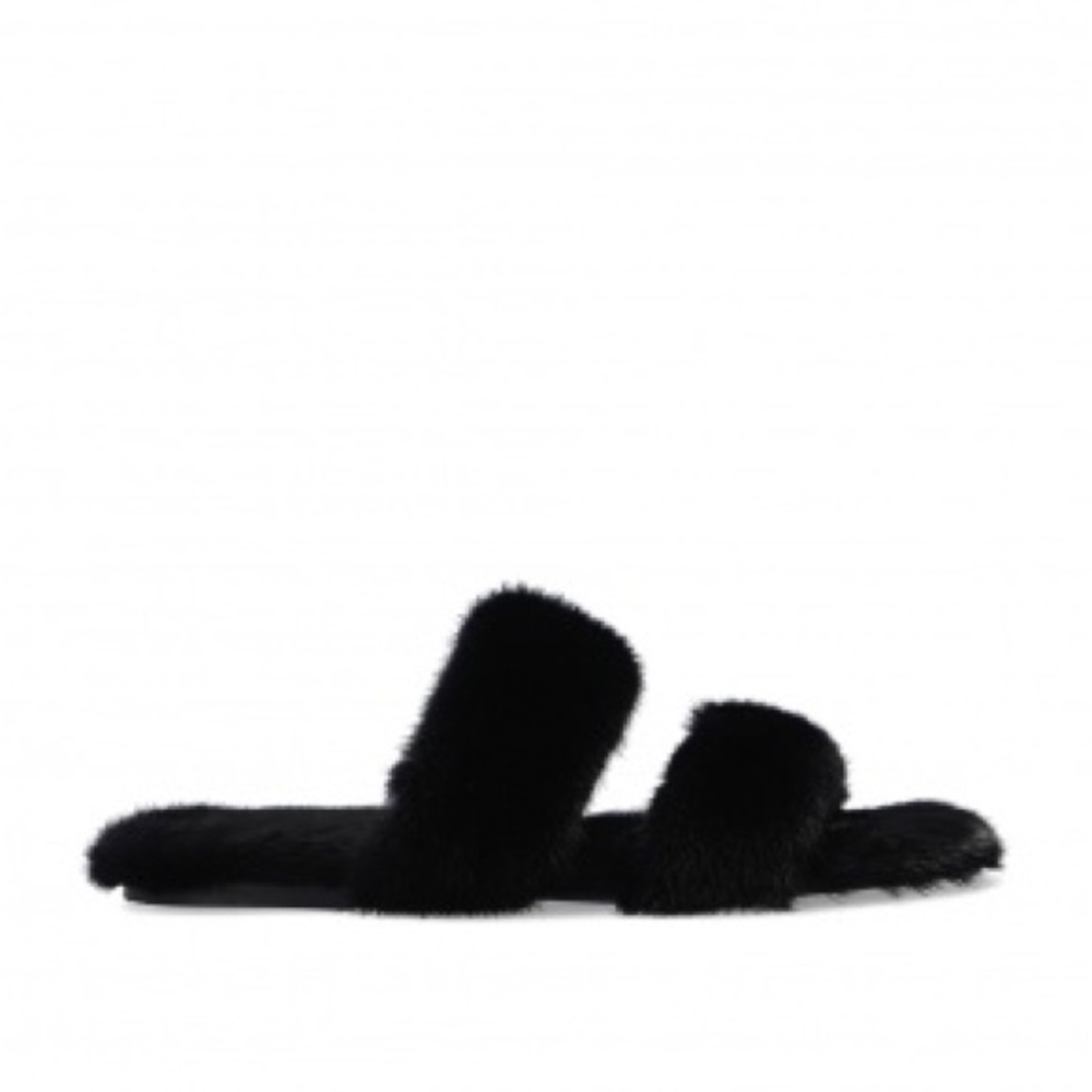 Saint Laurent Plush Black Fur Slides